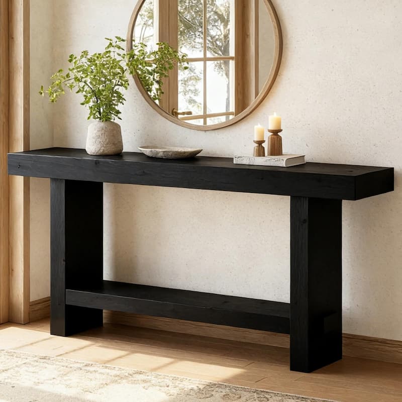 63-Inch Solid Wood Console Table with shelf - Black