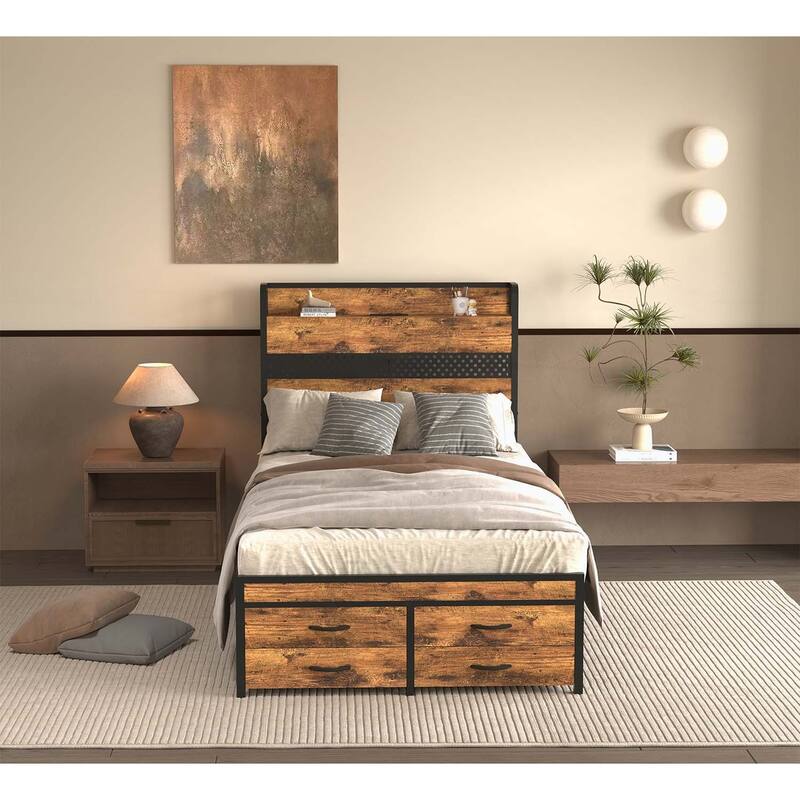 Twin Metal Bed with Multiple Functionalities for Enhanced Bedroom Experience - Brown+Black
