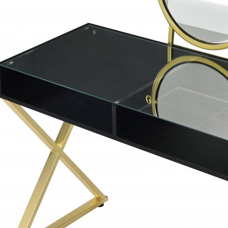 Black Gold Wood Modern Mirrored Dresser with 2 Drawers and Vanity Mirror - 42” L x 19"W x 49" H