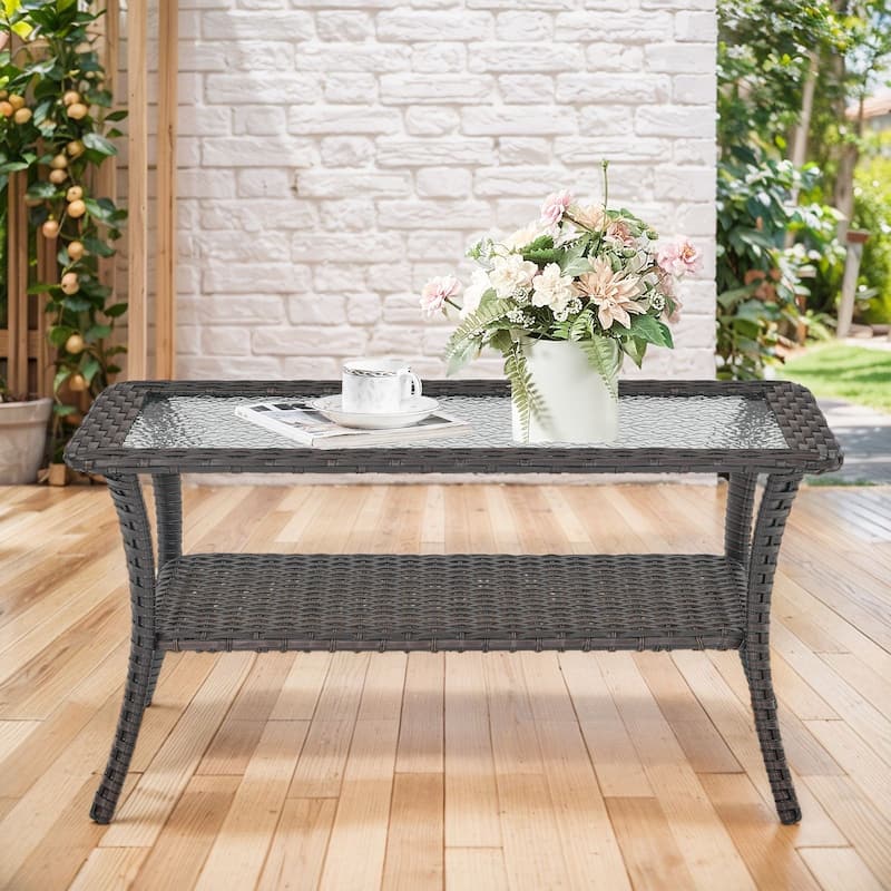 Stylish Outdoor Wicker Coffee Table with Glass Top
