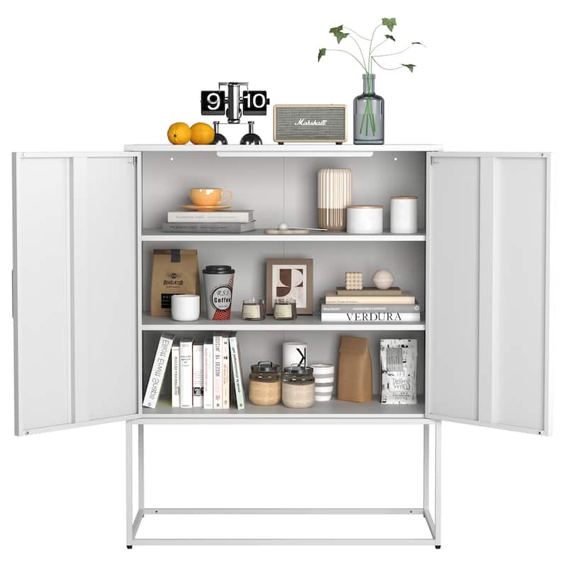 Heavy Duty Metal Buffet Sideboard Modern Steel Storage Cabinet with 2 Shelves, Free Standing Accent Cabinet with Magnetic Doors