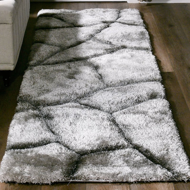 Mateos Shag Collection Grey/Black Abstract Area Rug