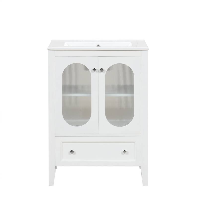 24 inch Solid Wood and MDF Freestanding Bathroom Vanity Set in White with Integrated Ceramic Sink