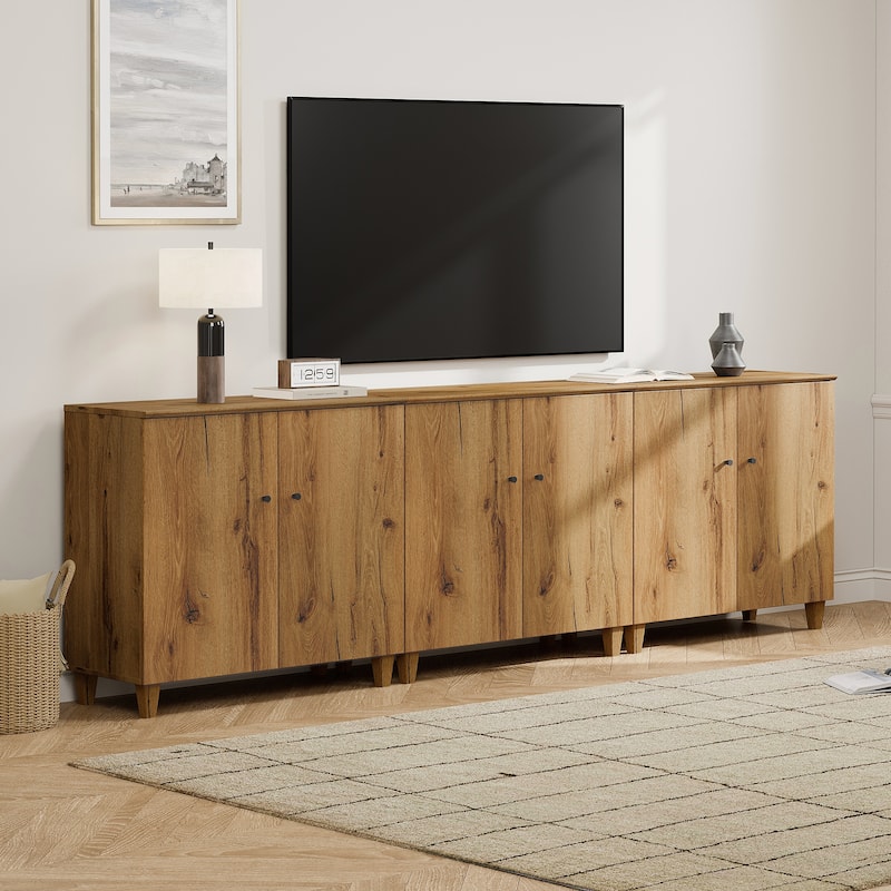 WAMPAT Wide TV Stand Cabinet, Entertainment Center with Doors, 32.4"H - For 85" TV - Oak Brown