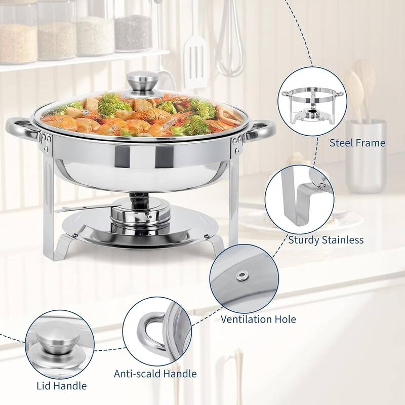 5 Qt Round Stainless Steel Chafer Set with Glass Lids