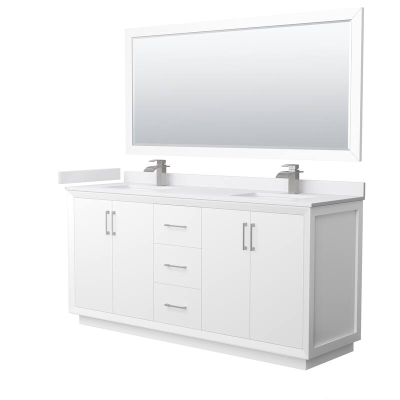 Strada 72-Inch Double Vanity Set, Cultured Marble Top, 70-Inch Mirror - White, Nickel Trim, White Cultured Marble Top