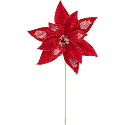 28" Red Velvet Icy Glittered Christmas Poinsettia Pick - 28