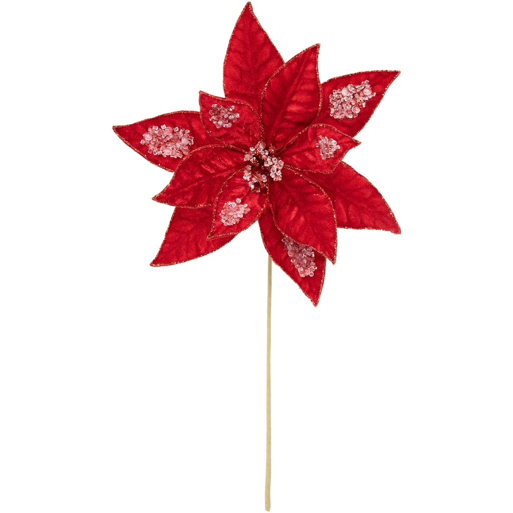 28" Red Velvet Icy Glittered Christmas Poinsettia Pick - 28