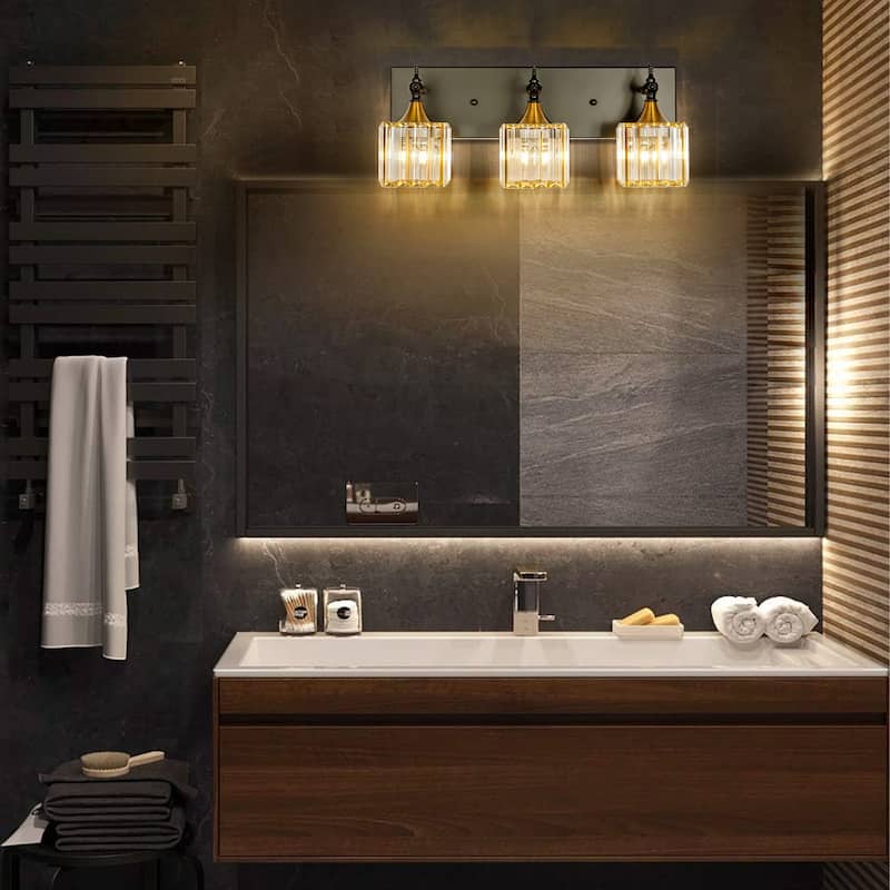 3/4-Light Modern Glam Dimmable Black Gold Crystal Bathroom Vanity Light
