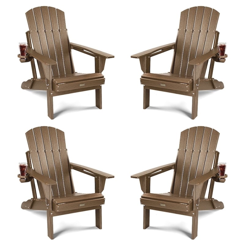 WINSOON All Weather HDPE Outdoor Folding Adirondack Chair With Cup Holder Set of 4 - Teak