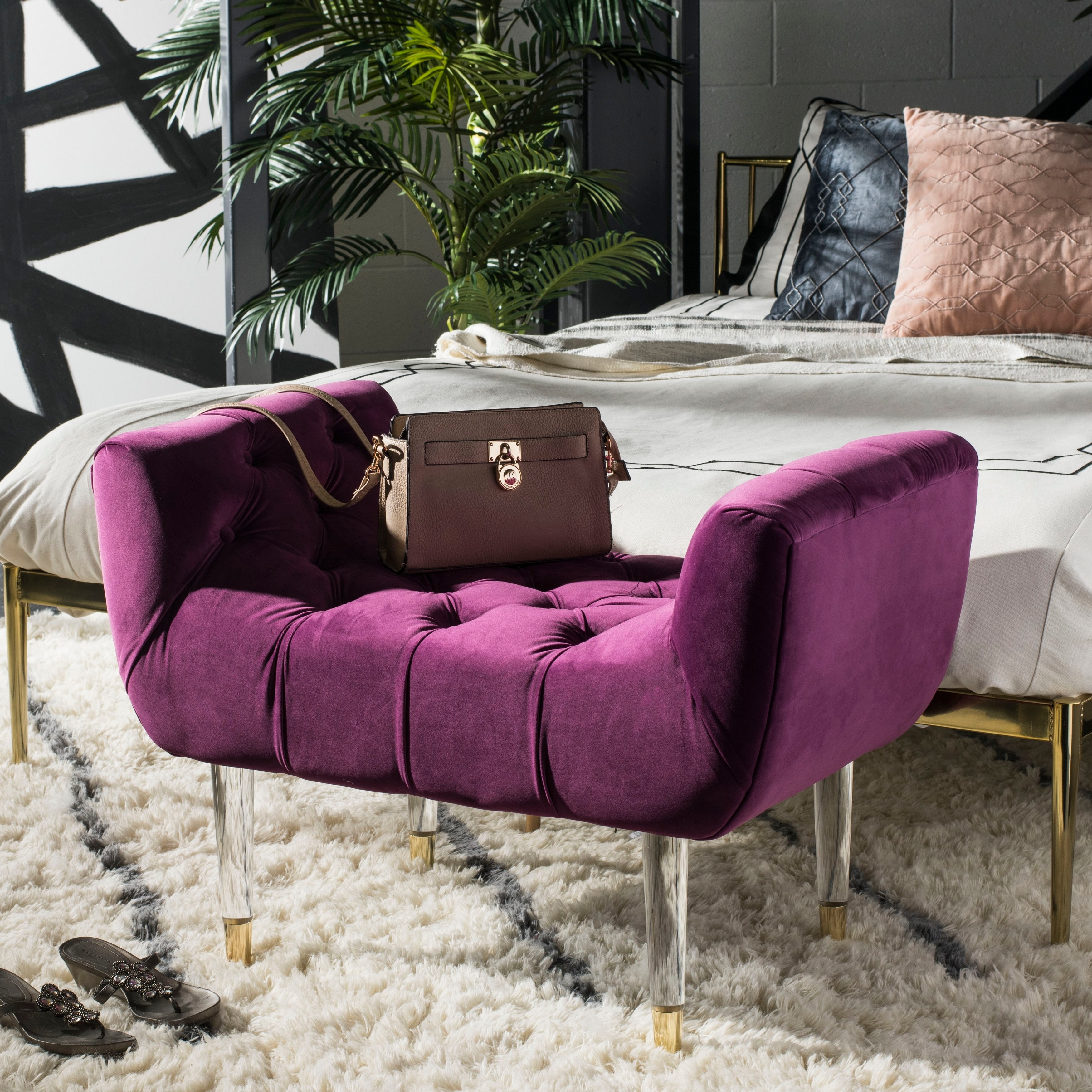 Safavieh Couture Eugenie Tufted Velvet Acrylic Bench Plum Gold 34 84 In W X 21 26 In D X 24 41 In H Overstock 22964071