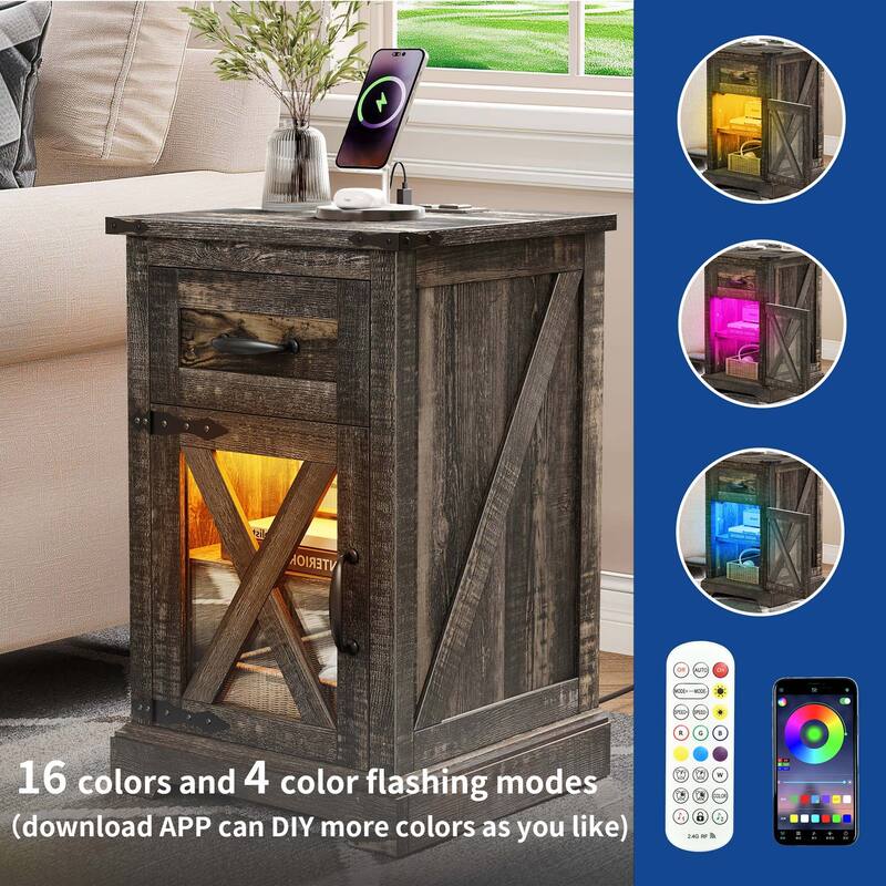 Moasis Farmhouse Side End Table Bedside Sofa Table with LED Lights, 2 Power outlets & 2 USB Ports
