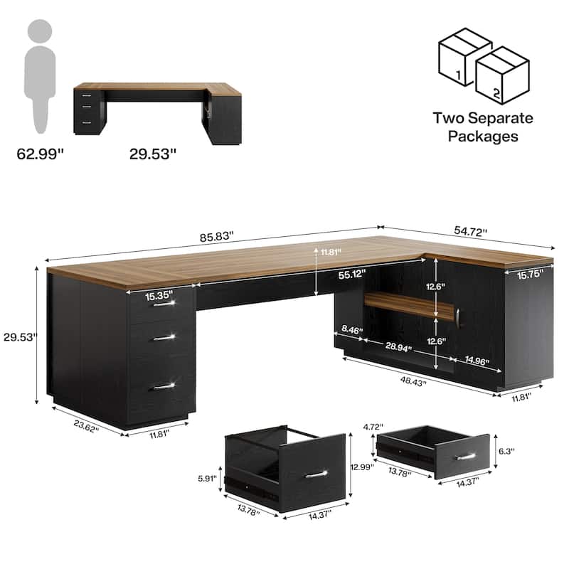 85.8" L-Shaped Executive Desk, Extra Large Office Desk with File Drawers