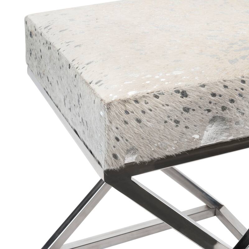 Pasargad Home Forest Steel & Cowhide Upholstered Bench, Silver