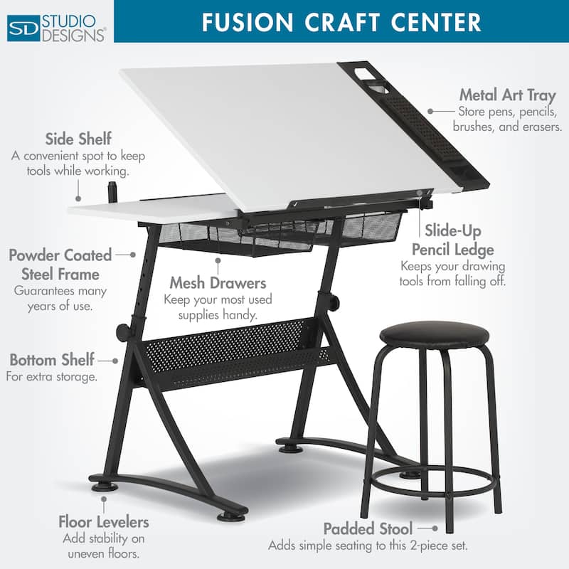 Studio Designs Fusion Craft Center Drafting Drawing Table with Adjustable Top Storage and Stool