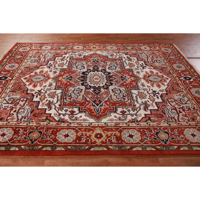 Hand Knotted Oriental 100% Wool Carpet Traditional Medallion Beige & Ivories Heriz (serapi) Area Rug - 10' 3'' X 7' 8''