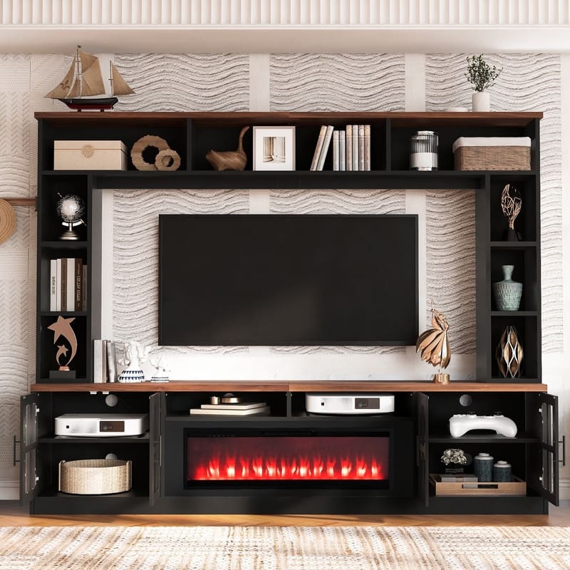 Modern 95.5" Wall Unit Entertainment Center with Bookshelves for TVs up to 80" with Electric Fireplace and Adjustable Shelves - Black