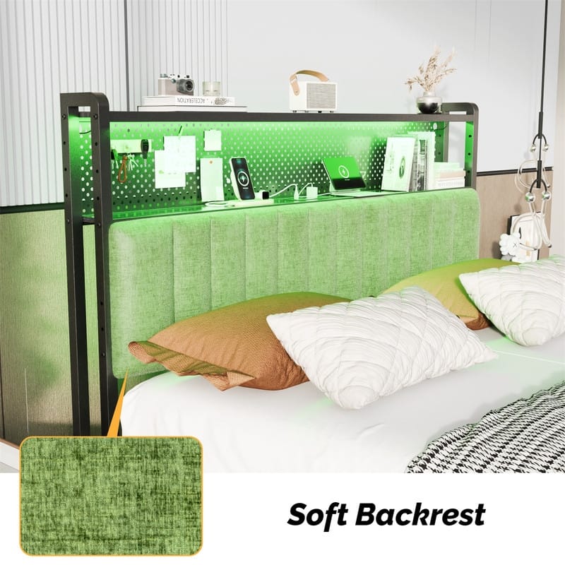 Adjustable Upholstered Headboard with 2 Tier Shelves with Charging Stations and LED Lights, Modern Bed Headboard with Storage