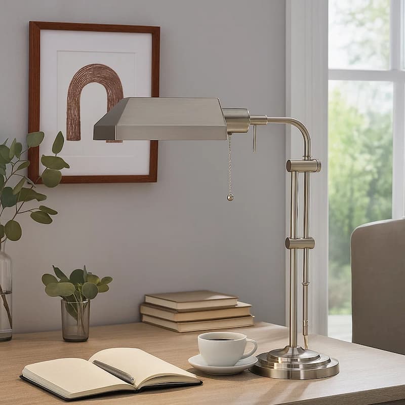 Metal Rectangular Desk Lamp with Adjustable Pole, Silver