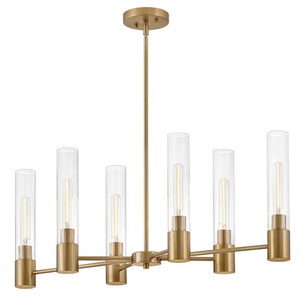 slide 2 of 11, Lark 85406 Shea 6 Light 34" Wide Linear Chandelier with Clear Glass Lacquered Brass