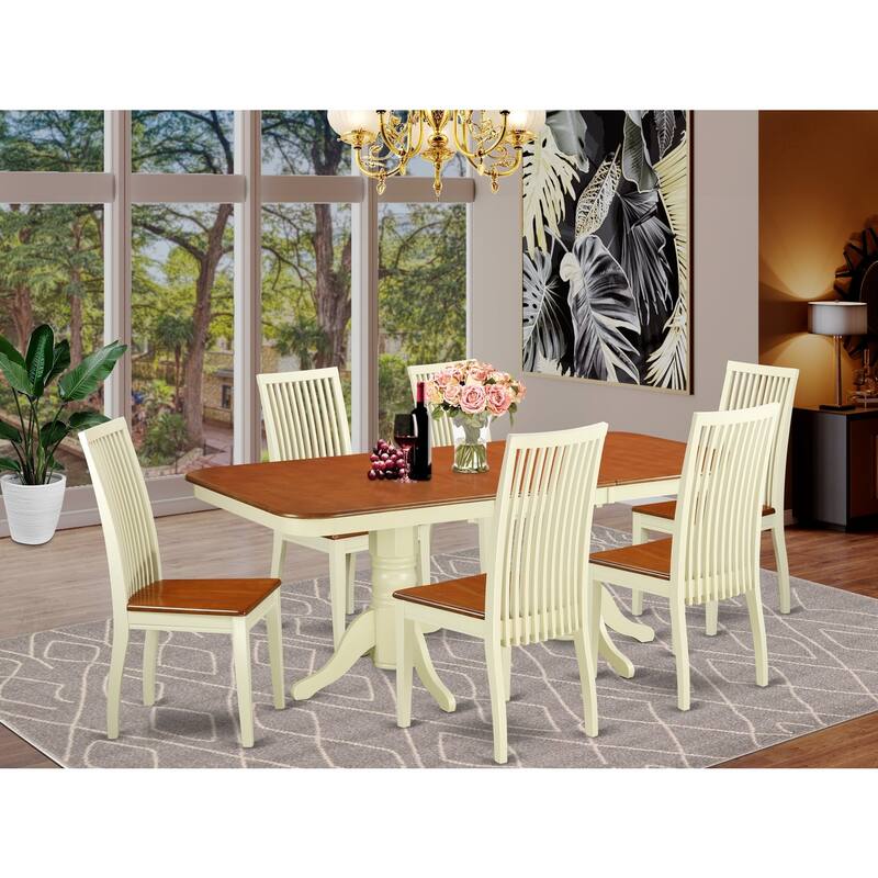 HomeStock 7-Piece Buttermilk and Cherry Finish Solid Wood Top Dining Table with 6 Chairs with Lattice Back