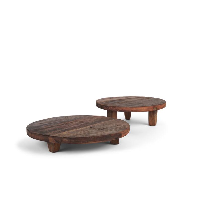 HomeRoots Set of Two Brown Reclaimed Wood Handmade Round Riser Trays - 11.75 in. x 2.25 in. x 11.75 in.