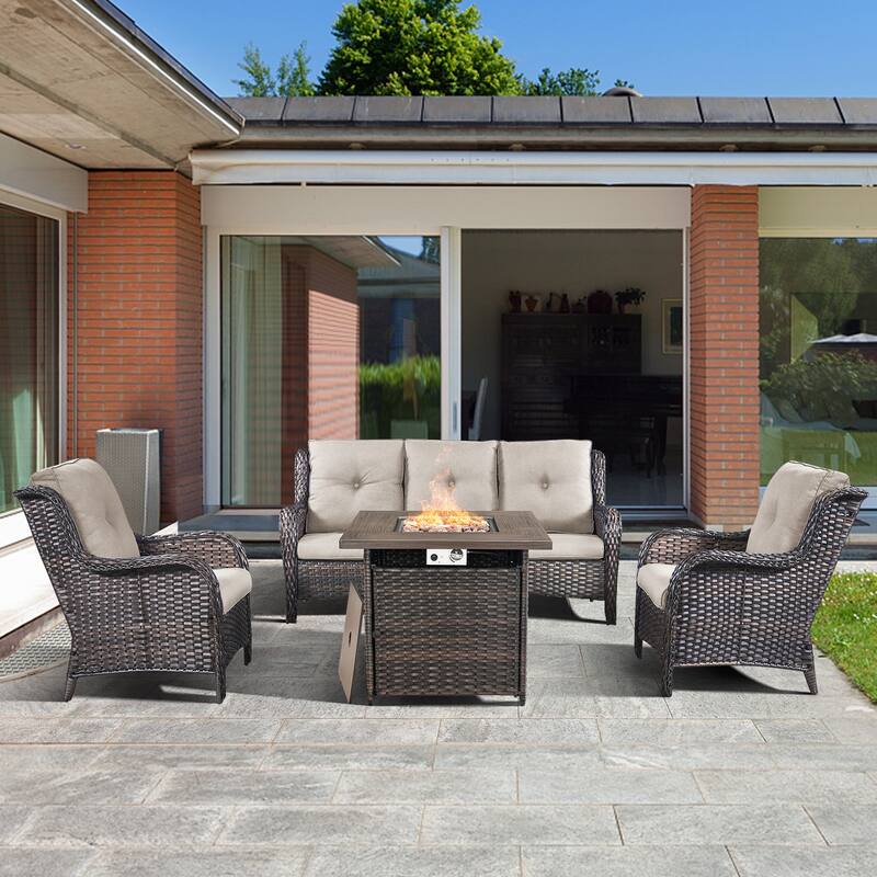 4-piece Outdoor Patio Sofa Chair Set With Fire Pit Table - Beige - Brown