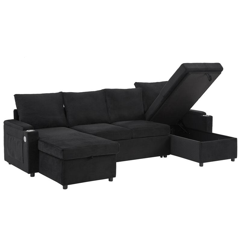 U-Shaped Sectional Sofa Convertible Sleeper Sofa with Dual Storage Chaise Lounges, Cup Holders, USB, Storage Boxes and Pockets
