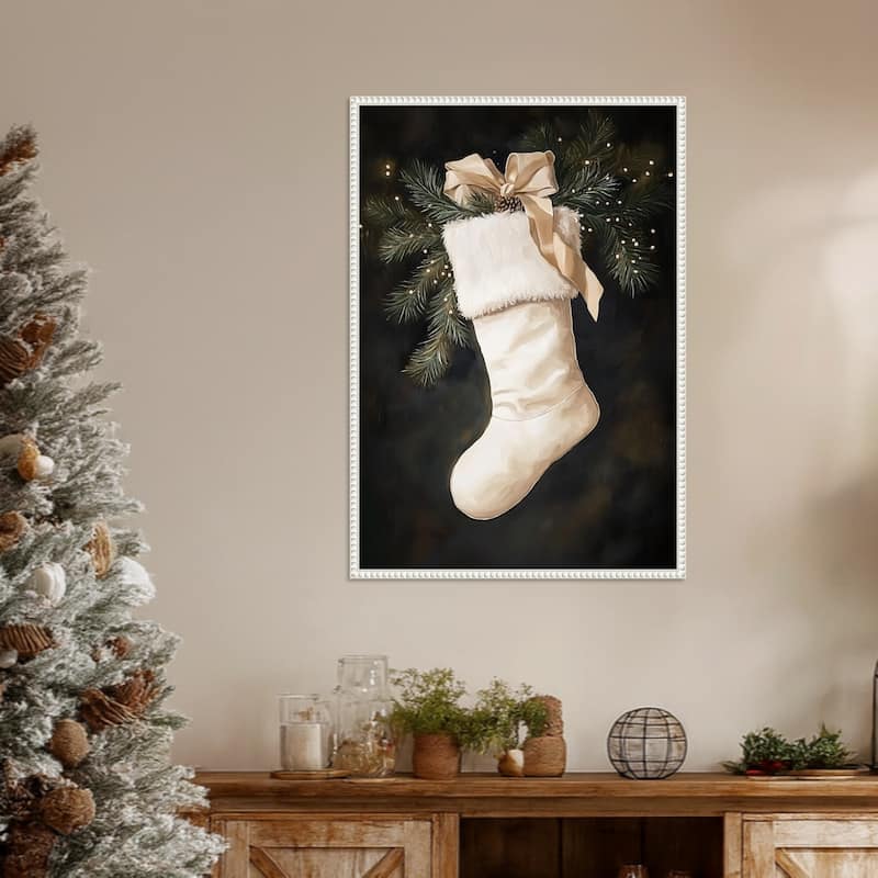 Christmas Stocking with Pine and Ribbon by Melloi Art Prints (23 x 33 in.), Framed Canvas Wall Art Print - Sylvie Beaded White