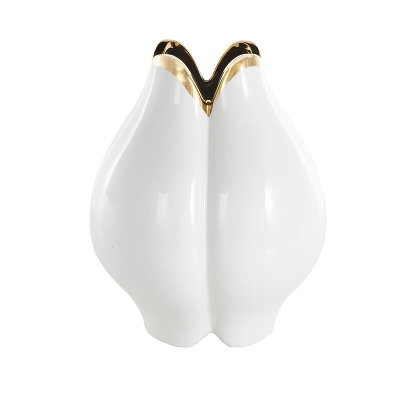 White Ceramic Dimensional Tulip Shaped Vase with Metallic Gold Rim
