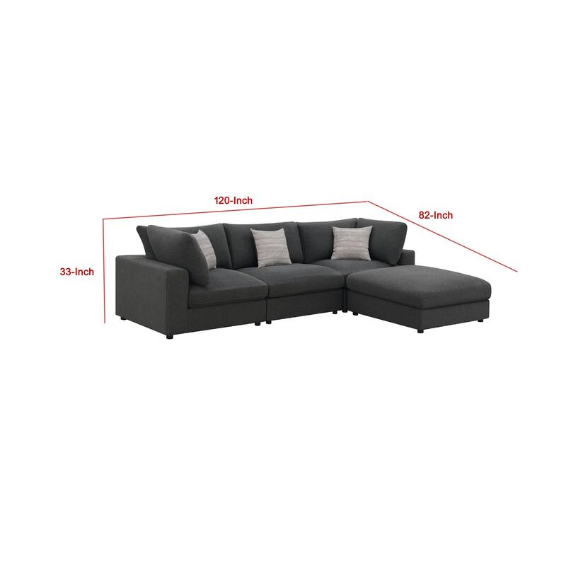 Serena 4pc Modular Sectional Sofa, Ottoman, 3 Pillows, Gray Jacquard