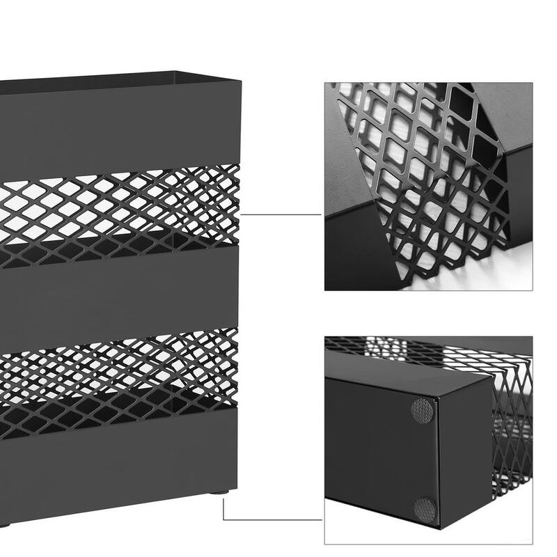 Black Rectangular Metal Umbrella Stand with Drip Tray and Hooks Rust-Resistant Entryway Organizer - 11”L x 4.7”W x 16.1”H