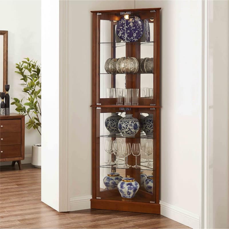 Glass TierCorner Dish Cabinet With Adjustable Shelves And Lighting - 26"L*13"W*72"h
