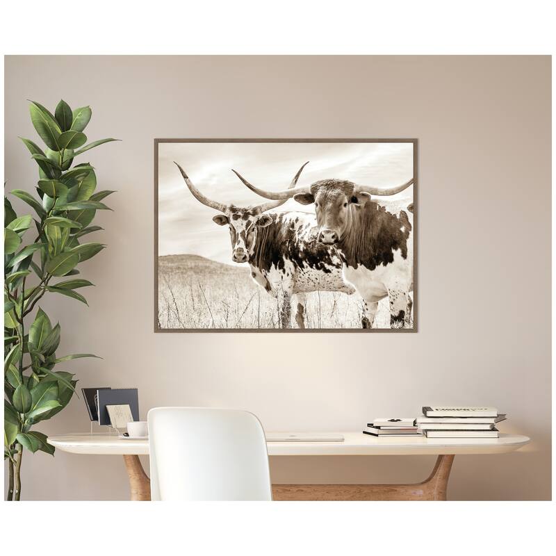 Kate and Laurel Sepia Texas Longhorn Cattle in Pasture by The Creative Bunch Studio Framed Canvas Wall Art Print