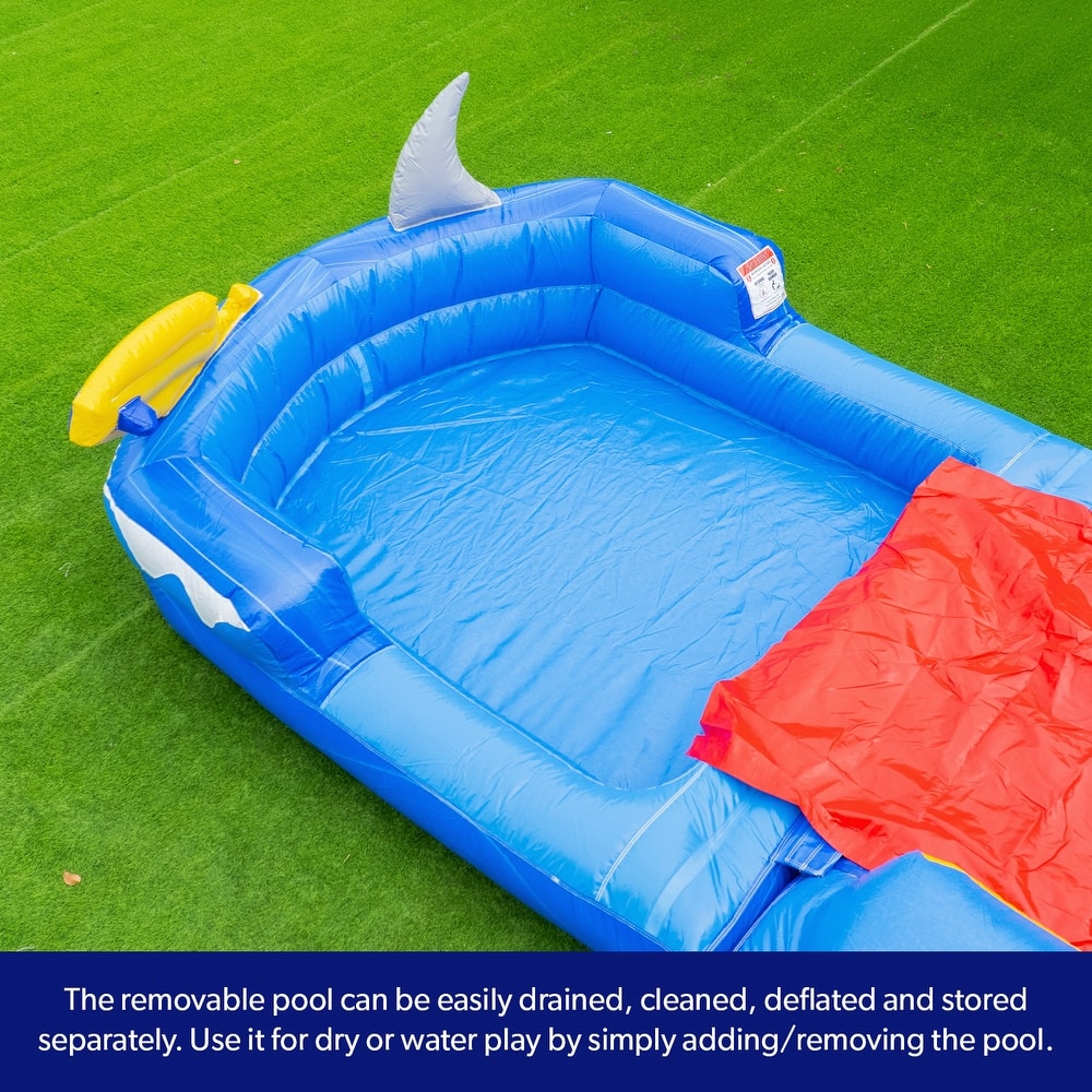 HeroKiddo 15' Ocean Shark Commercial Grade Inflatable Water Slide with Attached Splash Pool (No Blower Included), Outdoor Fun