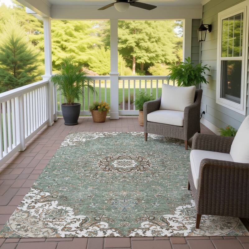 Machine Washable Indoor/ Outdoor Traditional Niko Chantille Rug - Sage - 9' x 12'