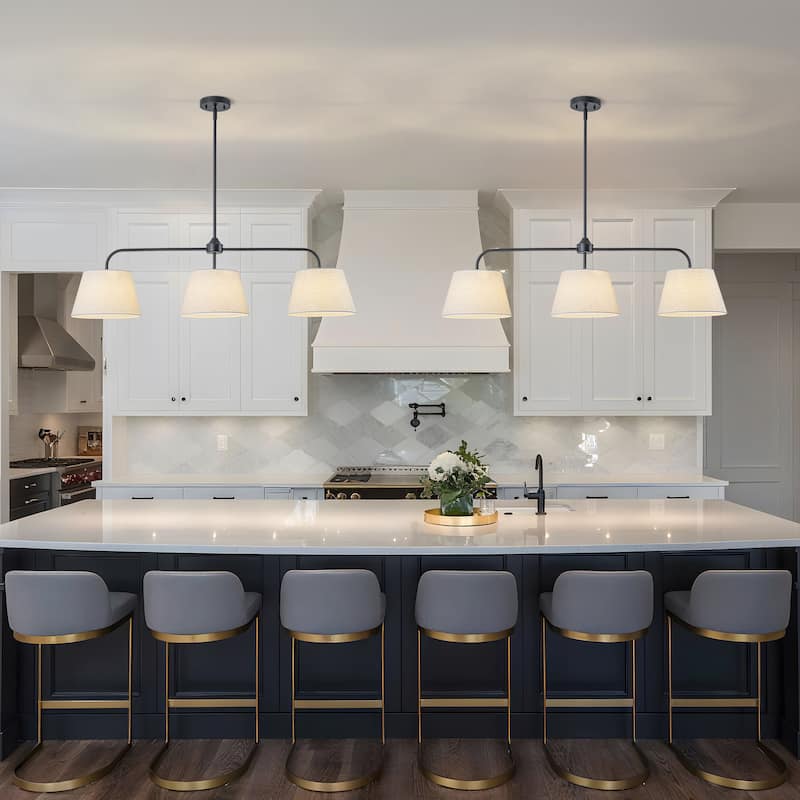 Starsky 3-Light Modern White Linear Drum Fabric Kitchen Island Light