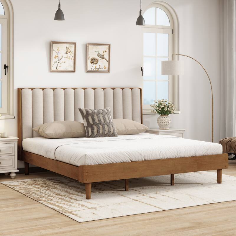 King Size Wood Bed with Piano Key Style Upholstered Headboard, Wood Bed with Strengthened Bed Frame