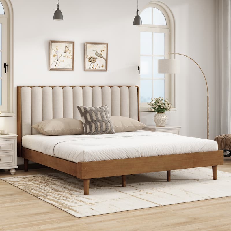 King Size Wood Platform Bed with Upholstered Headboard