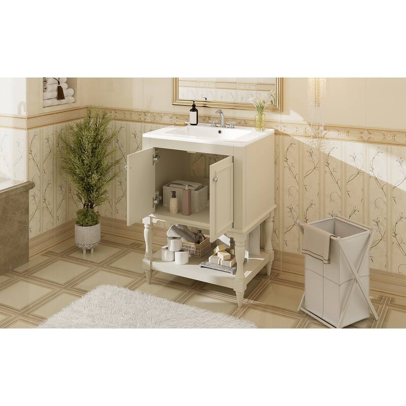 24 inch Modern Luxury Bathroom Vanity with Ceramic Sink, Bathroom Cabinet with Open Shelf and Closed Storage