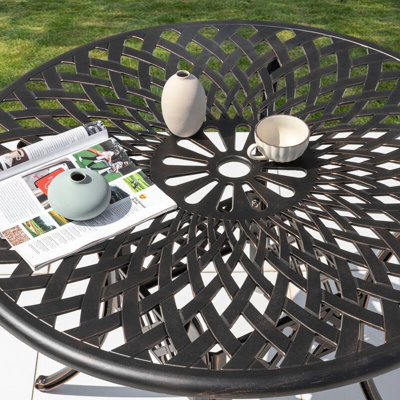 Round Cast Aluminum Outdoor 42'' Dining Table with 2.24'' Umbrella Hole, Black with Gold-Painted Edges