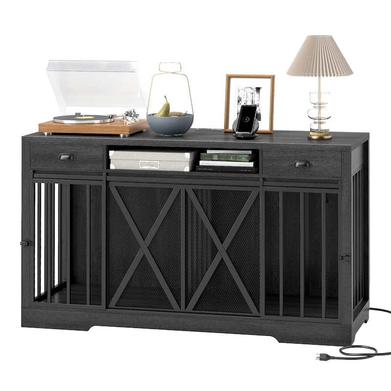 Moasis 62.6" Width Dog Crate Furniture Large Breed TV Stand with Drawers & Sliding Doors and Power Outlet