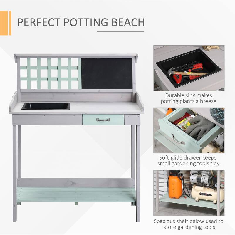 Outdoor Wooden Potting Bench Table with Removable Sink & Open Shelf Storage, Garden Work Bench with Chalkboard