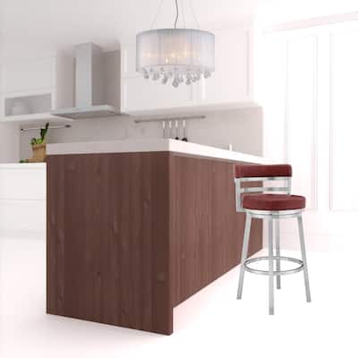 HomeRoots 26" Red And Silver Faux Leather And Iron Swivel Low Back Counter Height Bar Chair