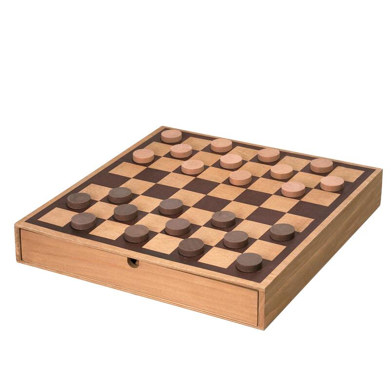 American Art Decor Wood Chess & Checkers Board Game Set with Drawer Tabletop Decor - 2.5" H x 16" L x 16" D