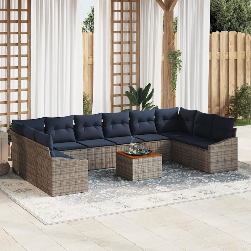vidaXL 11 Garden Sofa Set with Cushions Black/Grey Poly Rattan - 135.4 x 70.3 x 27.2 - Grey