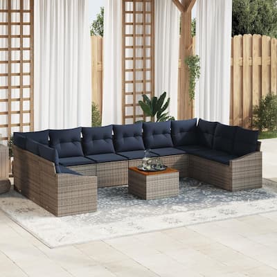 vidaXL 11 Garden Sofa Set with Cushions Black/Grey Poly Rattan - 135.4 x 70.3 x 27.2