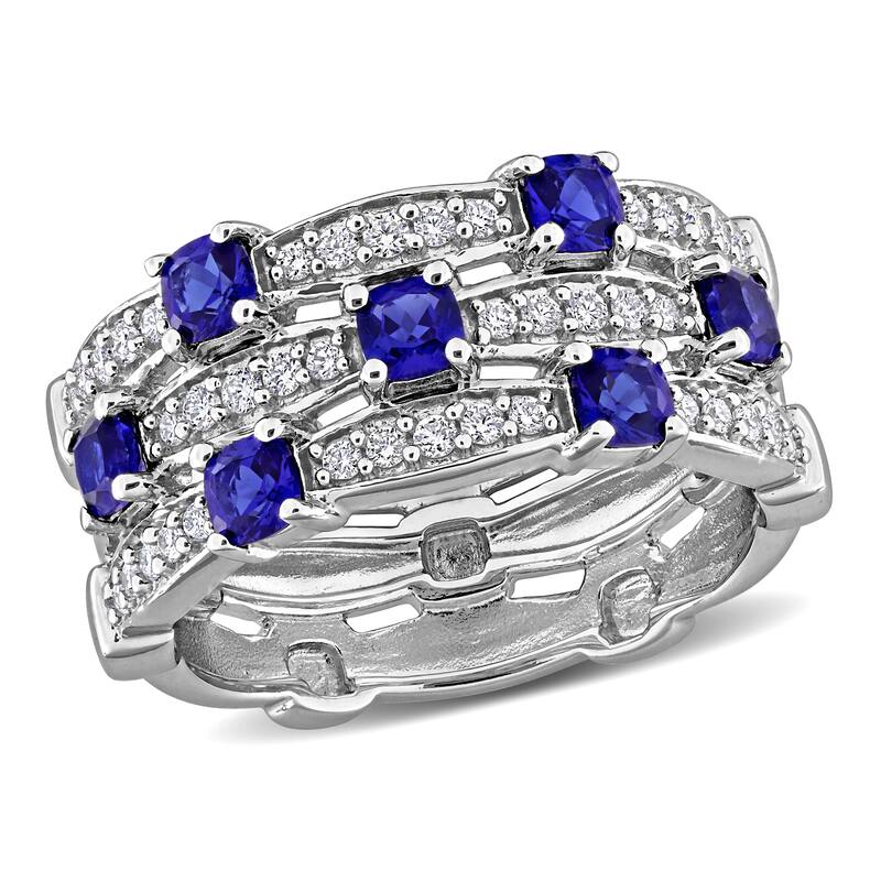 Miadora 1ct TGW Created Blue Sapphire 1/3ct TW Lab-Grown Diamond 3-Row Ring in Sterling Silver