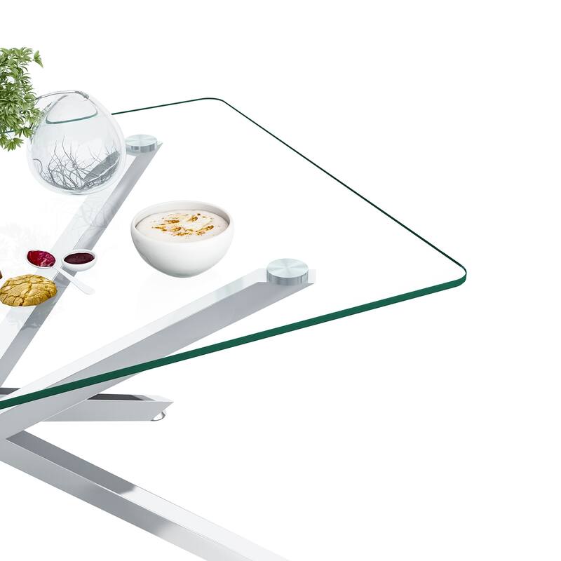 39.37" Rectangular Clear Tempered Glass Coffee Table,Stylish Design with silver Metal Legs, Coffee Table