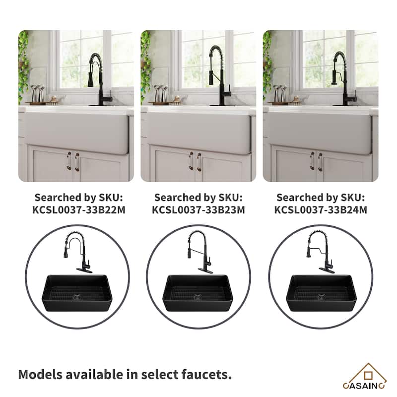 Farmhouse/Apron-Front Single Bowl Fireclay Kitchen Sink with 3-Function Pull-Down Kitchen Faucet, Grid, and Basket Strainer